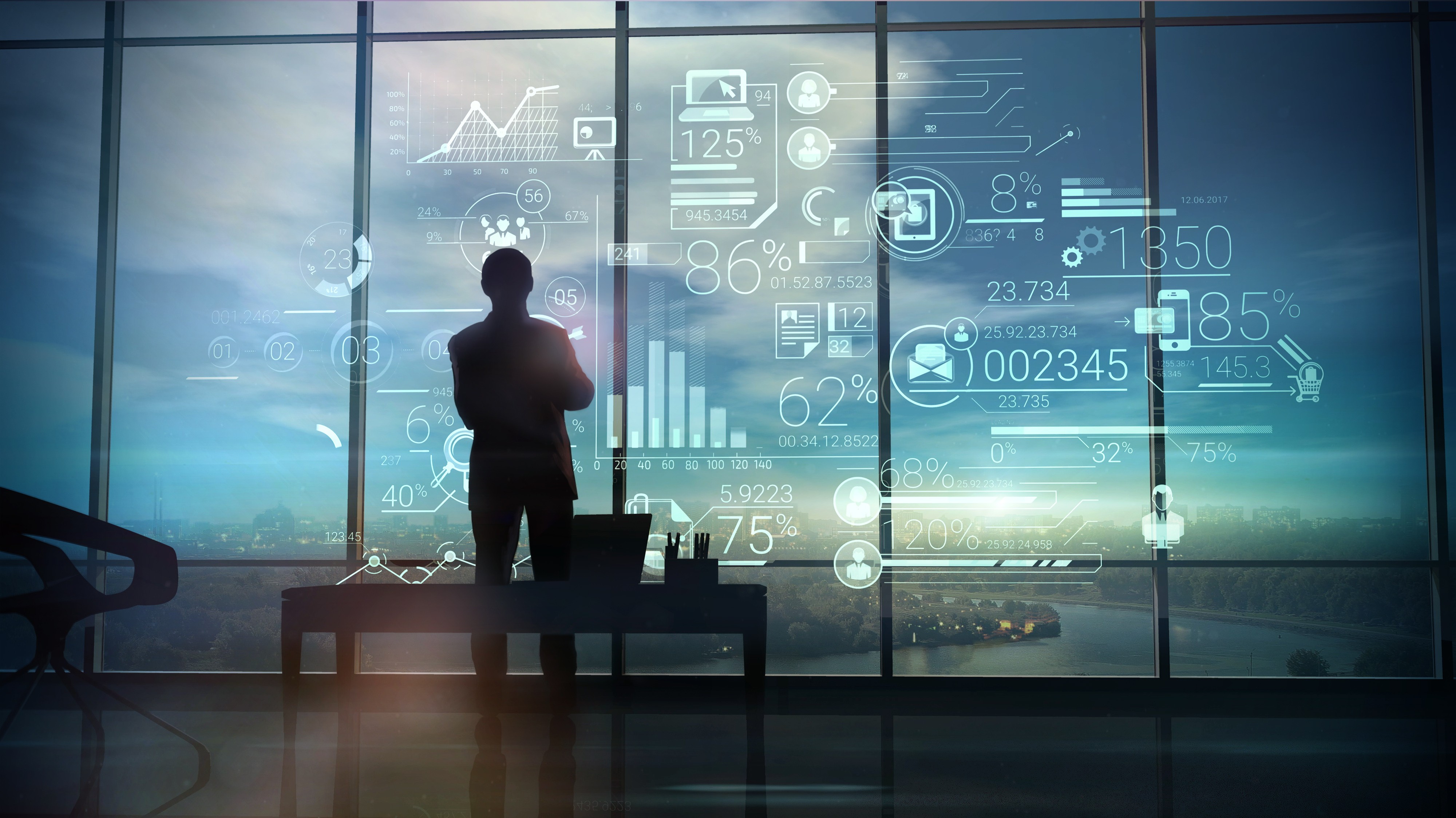 Silhouette of a private investigator reviewing digital data and charts on a glass wall in a modern office at night